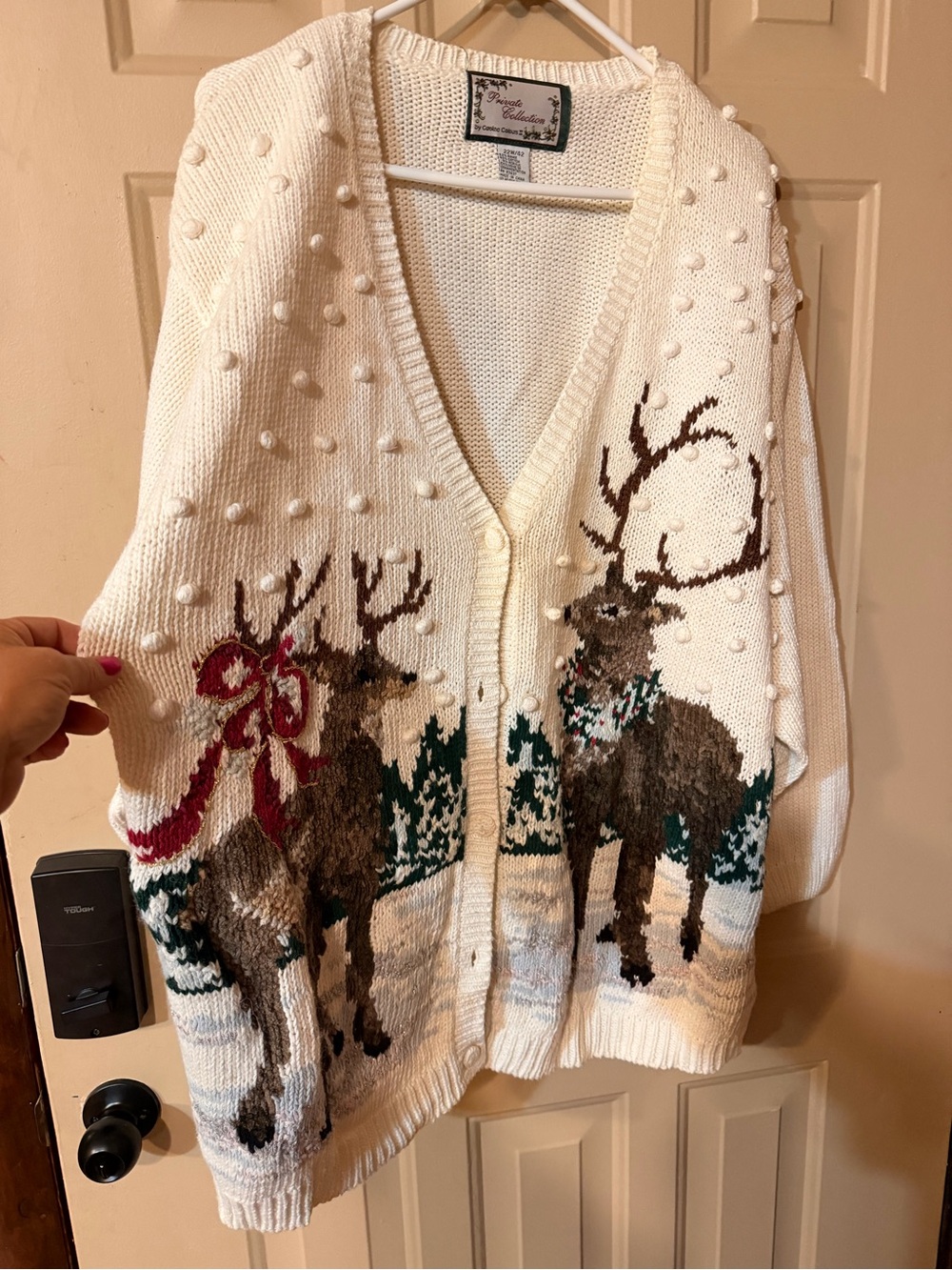 Cream Reindeer Knit Cardigan with Pom-Pom Texture